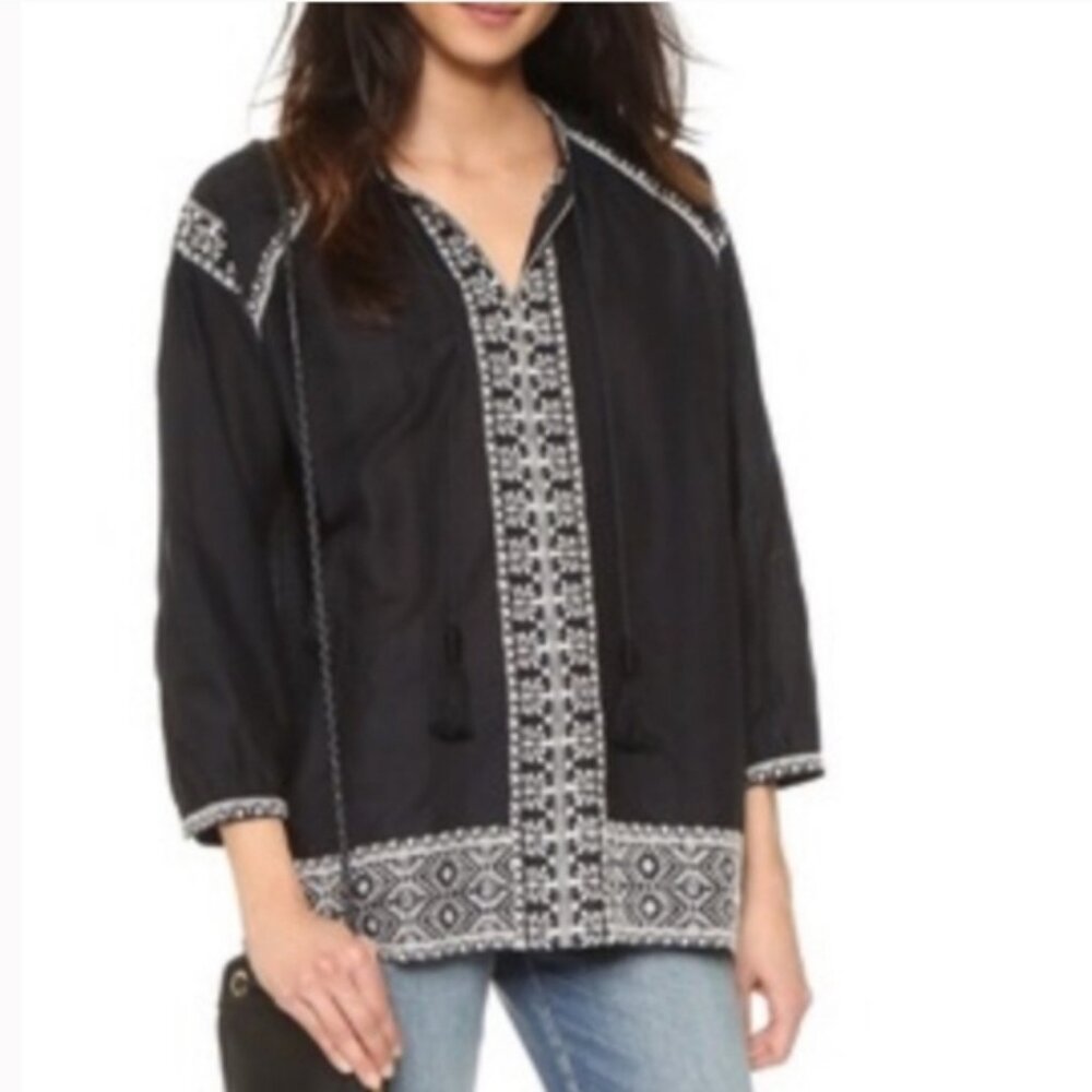 MADEWELL Camelia Black White Embroidered Tie Neck Boho Southwestern Blouse L